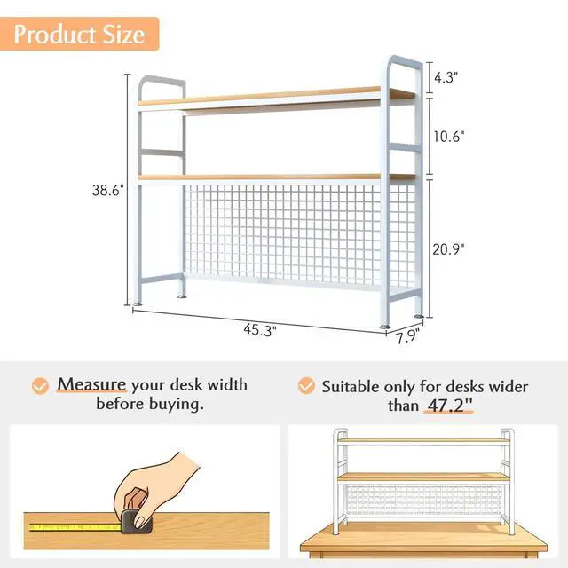 Alt view image 7 of 7 - IOTXY 2-Tier Desktop Hutch Bookshelf - Metal Desk Shelf Bookcase with Grid Panel, Countertop Storage Organizer Rack for Dorm or Office, White, 45.3" W