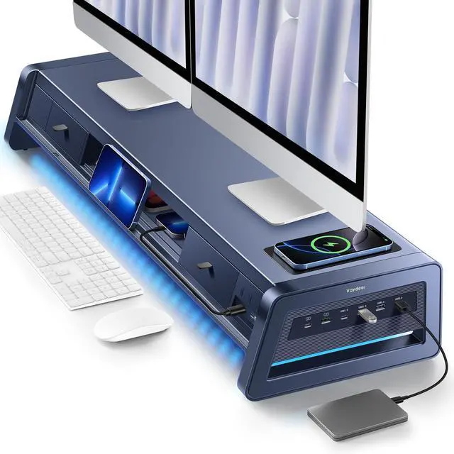 Main image of Vaydeer All-in-One Dual Monitor Stand Riser with 2 Drawers, 8USB Ports and Wireless Charging Pad with LED Light Strip for 2 Monitors , Desk Organizer for PC, iMac (Metal, 39.3 inches)