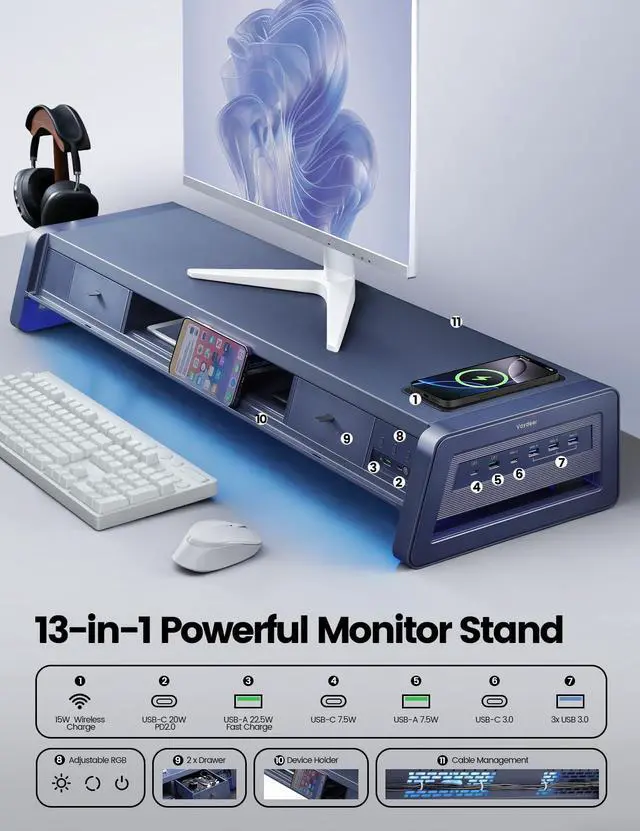 Alt view image 2 of 7 - Vaydeer All-in-One Dual Monitor Stand Riser with 2 Drawers, 8USB Ports and Wireless Charging Pad with LED Light Strip for 2 Monitors , Desk Organizer for PC, iMac (Metal, 39.3 inches)