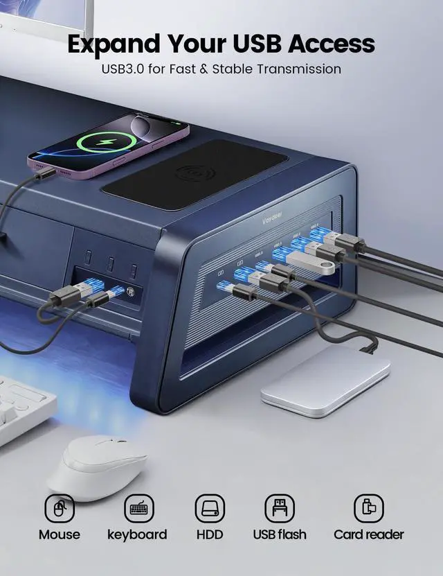 Alt view image 3 of 7 - Vaydeer All-in-One Dual Monitor Stand Riser with 2 Drawers, 8USB Ports and Wireless Charging Pad with LED Light Strip for 2 Monitors , Desk Organizer for PC, iMac (Metal, 39.3 inches)