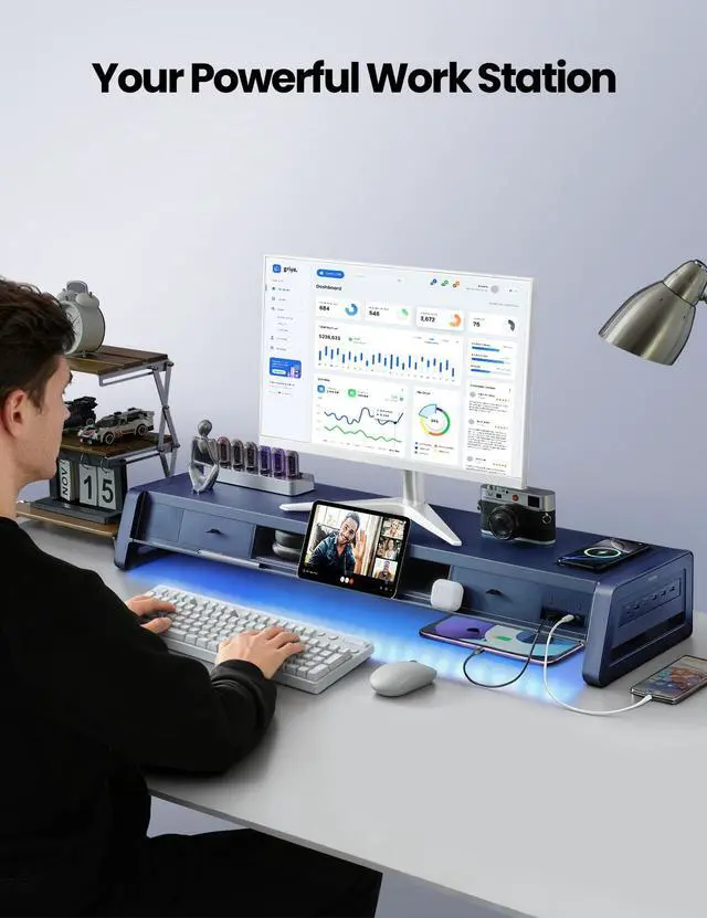 Alt view image 6 of 7 - Vaydeer All-in-One Dual Monitor Stand Riser with 2 Drawers, 8USB Ports and Wireless Charging Pad with LED Light Strip for 2 Monitors , Desk Organizer for PC, iMac (Metal, 39.3 inches)