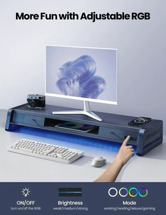 Alt view image 5 of 7 - Vaydeer All-in-One Dual Monitor Stand Riser with 2 Drawers, 8USB Ports and Wireless Charging Pad with LED Light Strip for 2 Monitors , Desk Organizer for PC, iMac (Metal, 39.3 inches)