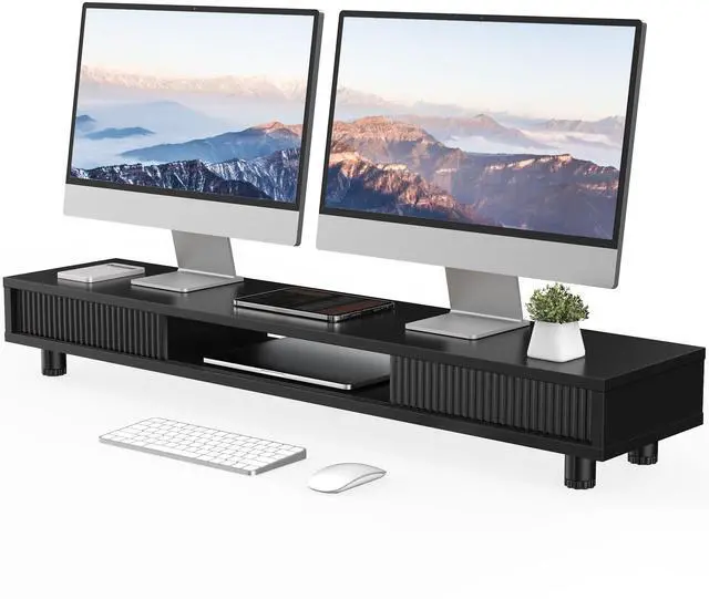 Main image of Fenge Dual Monitor Stand, 42.5inch Long Monitor Stands Riser for 2 Monitors, Glass Sliding Door with Storage Organizer Stand for Desk, 2 Tier Desk Shelf for Laptop, Pc, Printer, Computer, TV