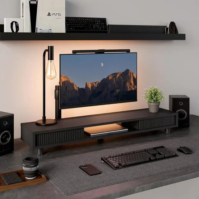 Alt view image 3 of 7 - Fenge Dual Monitor Stand, 42.5inch Long Monitor Stands Riser for 2 Monitors, Glass Sliding Door with Storage Organizer Stand for Desk, 2 Tier Desk Shelf for Laptop, Pc, Printer, Computer, TV