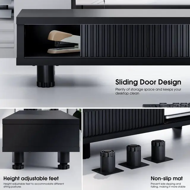 Alt view image 2 of 7 - Fenge Dual Monitor Stand, 42.5inch Long Monitor Stands Riser for 2 Monitors, Glass Sliding Door with Storage Organizer Stand for Desk, 2 Tier Desk Shelf for Laptop, Pc, Printer, Computer, TV