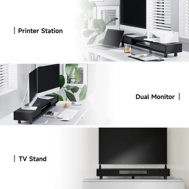 Alt view image 5 of 7 - Fenge Dual Monitor Stand, 42.5inch Long Monitor Stands Riser for 2 Monitors, Glass Sliding Door with Storage Organizer Stand for Desk, 2 Tier Desk Shelf for Laptop, Pc, Printer, Computer, TV