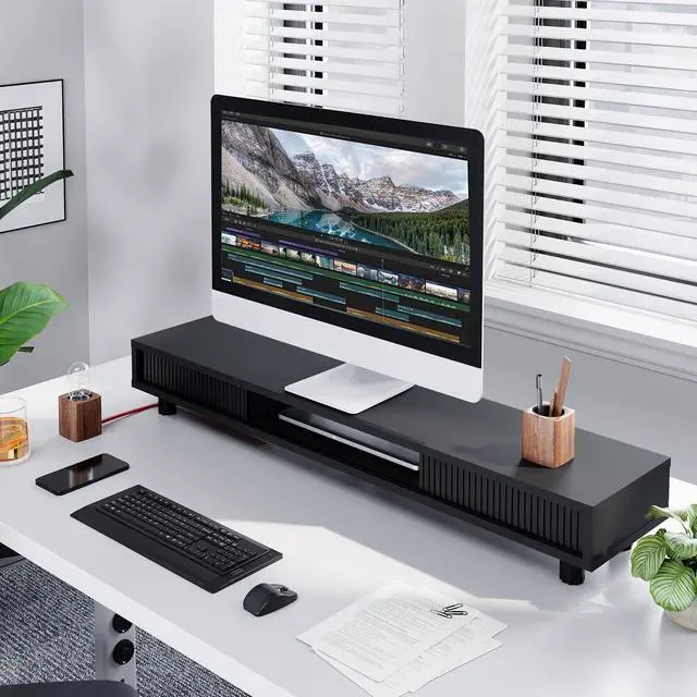 Alt view image 7 of 7 - Fenge Dual Monitor Stand, 42.5inch Long Monitor Stands Riser for 2 Monitors, Glass Sliding Door with Storage Organizer Stand for Desk, 2 Tier Desk Shelf for Laptop, Pc, Printer, Computer, TV