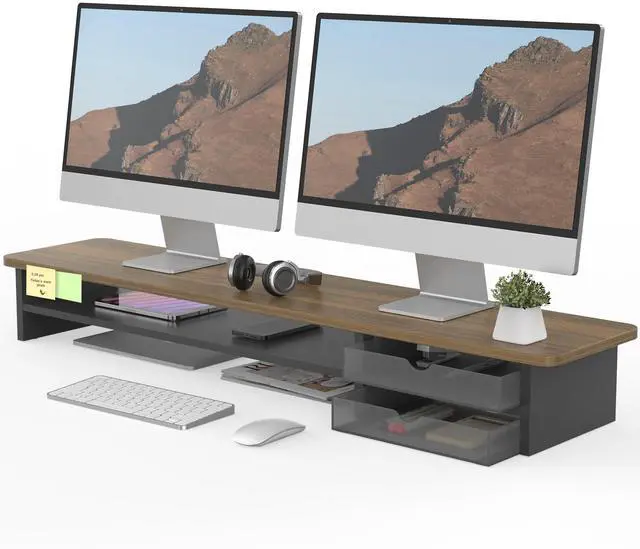 Main image of Fenge Monitor Stand, Dual Monitor Riser, 42.5inch Large Desk Computer Monitor Stand Riser with Drawer, 2 Tier Wood & Acrylic Desktop Organizer for Computer, Laptop, Printer, TV Screen Riser