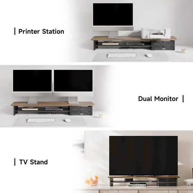 Alt view image 5 of 7 - Fenge Monitor Stand, Dual Monitor Riser, 42.5inch Large Desk Computer Monitor Stand Riser with Drawer, 2 Tier Wood & Acrylic Desktop Organizer for Computer, Laptop, Printer, TV Screen Riser
