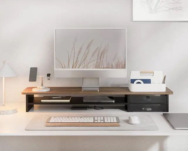 Alt view image 7 of 7 - Fenge Monitor Stand, Dual Monitor Riser, 42.5inch Large Desk Computer Monitor Stand Riser with Drawer, 2 Tier Wood & Acrylic Desktop Organizer for Computer, Laptop, Printer, TV Screen Riser