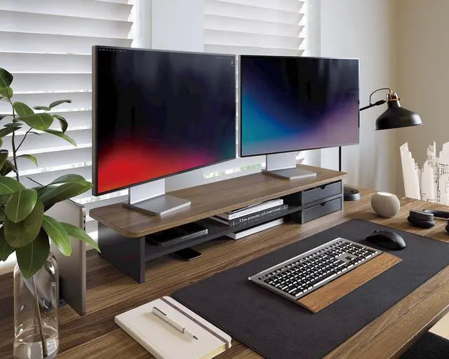 Alt view image 3 of 7 - Fenge Monitor Stand, Dual Monitor Riser, 42.5inch Large Desk Computer Monitor Stand Riser with Drawer, 2 Tier Wood & Acrylic Desktop Organizer for Computer, Laptop, Printer, TV Screen Riser