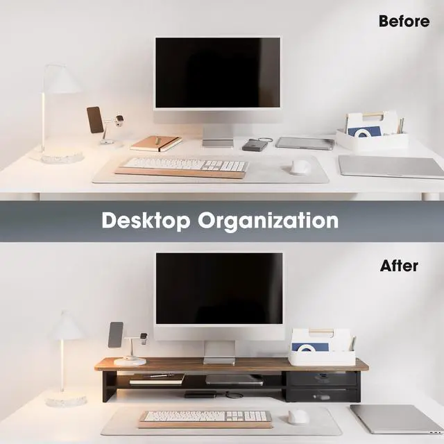 Alt view image 6 of 7 - Fenge Monitor Stand, Dual Monitor Riser, 42.5inch Large Desk Computer Monitor Stand Riser with Drawer, 2 Tier Wood & Acrylic Desktop Organizer for Computer, Laptop, Printer, TV Screen Riser