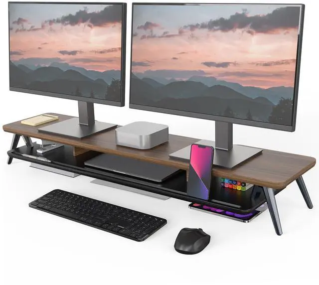 Main image of Fenge Dual Monitor Stand, Monitor Stands Riser for 2 monitors, 42.5 Inch Wood Desk Shelf with Storage Organizer and Cable Management for Office Desk Accessories
