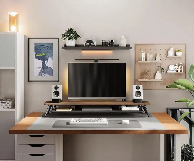 Alt view image 2 of 7 - Fenge Dual Monitor Stand, Monitor Stands Riser for 2 monitors, 42.5 Inch Wood Desk Shelf with Storage Organizer and Cable Management for Office Desk Accessories