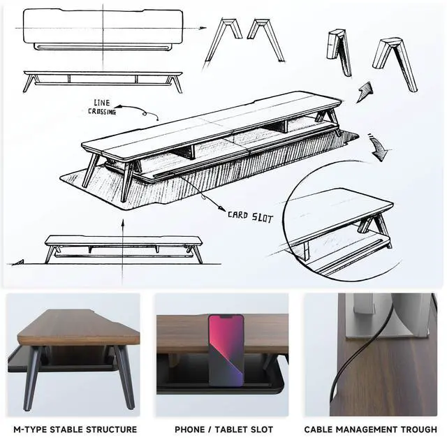 Alt view image 5 of 7 - Fenge Dual Monitor Stand, Monitor Stands Riser for 2 monitors, 42.5 Inch Wood Desk Shelf with Storage Organizer and Cable Management for Office Desk Accessories