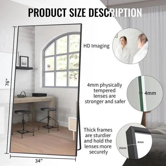 Alt view image 2 of 7 - Beauty4U Full Length Mirror 76" x 34", Large Floor Mirror with Stand, Wall Mounted or Leaning, HD Tempered Glass Full Body Mirror for Bedroom, Living Room, Entryway, Black Frame