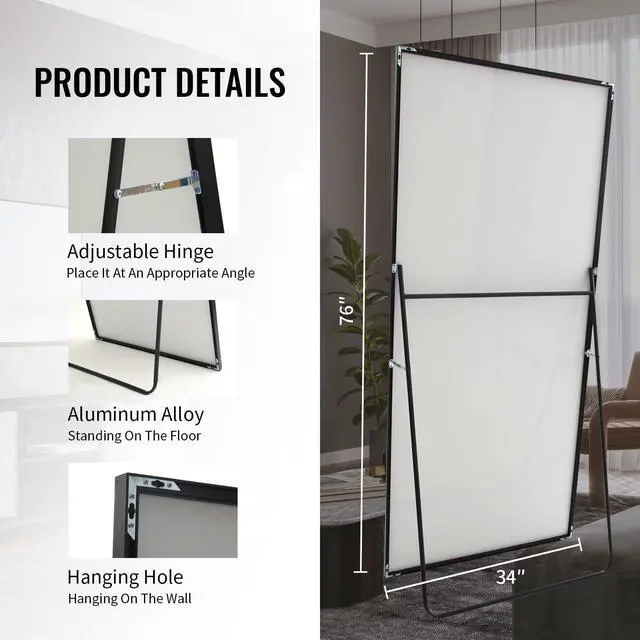 Alt view image 4 of 7 - Beauty4U Full Length Mirror 76" x 34", Large Floor Mirror with Stand, Wall Mounted or Leaning, HD Tempered Glass Full Body Mirror for Bedroom, Living Room, Entryway, Black Frame