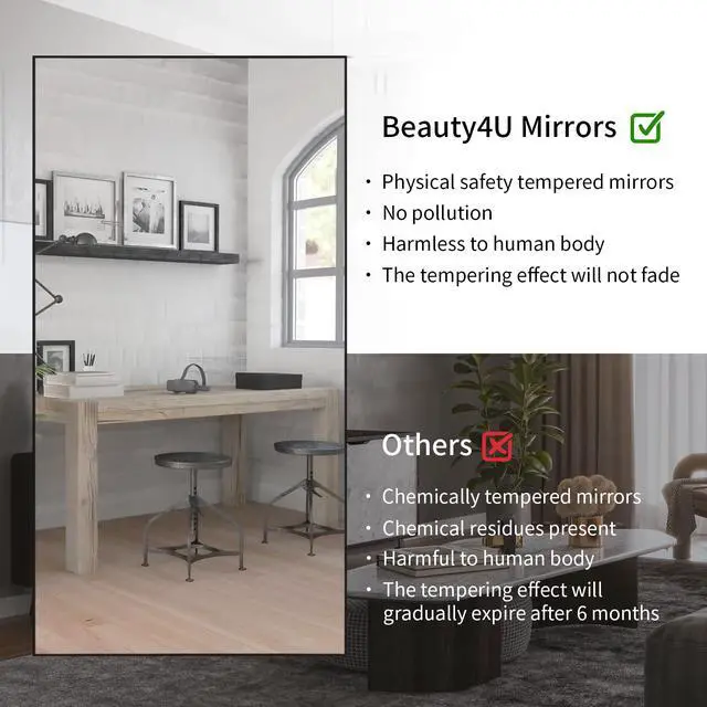 Alt view image 3 of 7 - Beauty4U Full Length Mirror 76" x 34", Large Floor Mirror with Stand, Wall Mounted or Leaning, HD Tempered Glass Full Body Mirror for Bedroom, Living Room, Entryway, Black Frame