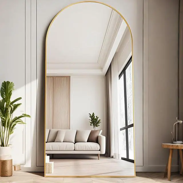 Main image of TinyTimes Full Length Mirror, 71''x30'' Floor Mirror with Stand, Arched Wall Mounted Mirror, Large Full Body Mirror with Aluminum Frame Hanging or Leaning for Bedroom, Living Room, Cloakroom (Gold)
