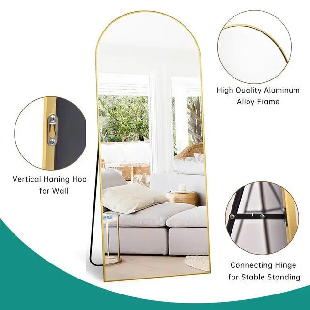 Alt view image 4 of 7 - TinyTimes Full Length Mirror, 71''x30'' Floor Mirror with Stand, Arched Wall Mounted Mirror, Large Full Body Mirror with Aluminum Frame Hanging or Leaning for Bedroom, Living Room, Cloakroom (Gold)