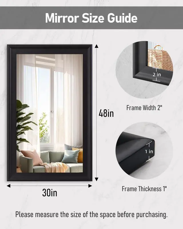 Alt view image 7 of 7 - CULER Black Wood Wall Mirror for Bathroom,Rectangle Rustic Large 30 x 48 inch Hanging Vanity Mirrors with Wooden Frame for Living Room,Bedroom,Entryway