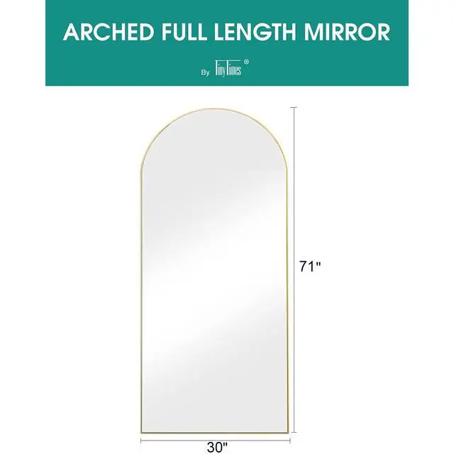 Alt view image 3 of 7 - TinyTimes Full Length Mirror, 71''x30'' Floor Mirror with Stand, Arched Wall Mounted Mirror, Large Full Body Mirror with Aluminum Frame Hanging or Leaning for Bedroom, Living Room, Cloakroom (Gold)