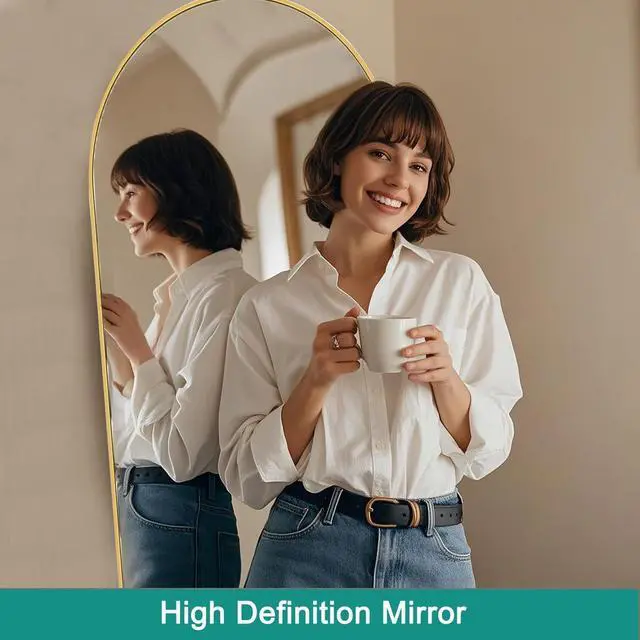 Alt view image 5 of 7 - TinyTimes Full Length Mirror, 71''x30'' Floor Mirror with Stand, Arched Wall Mounted Mirror, Large Full Body Mirror with Aluminum Frame Hanging or Leaning for Bedroom, Living Room, Cloakroom (Gold)