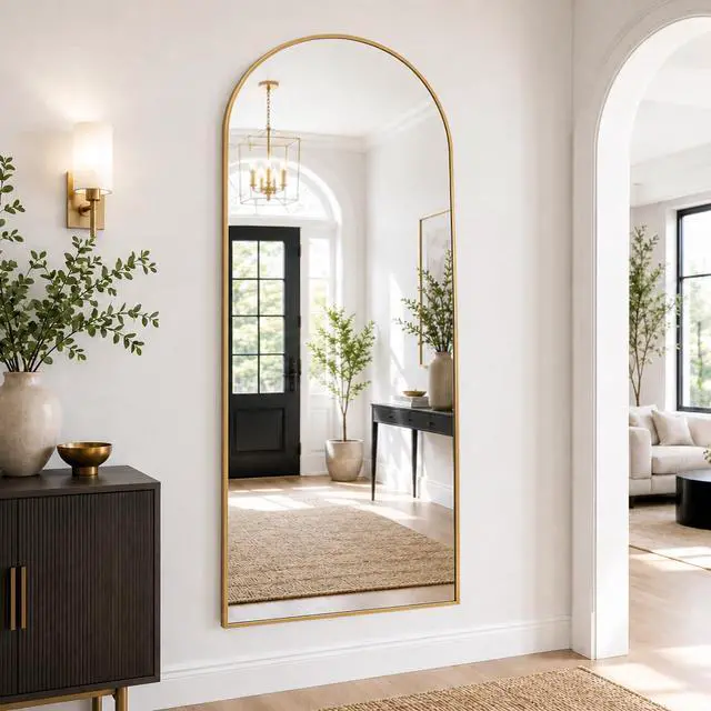 Alt view image 4 of 7 - ZMYCZ Mirror Full Length, 71"x26" Arched Full Length Mirror, Arch Mirror with Stand, Large Standing Mirrors, Oversized Full Body Mirrors with Aluminum Frame for Bedroom, Living Room (Gold)