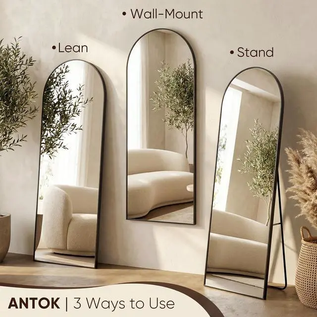 Alt view image 5 of 7 - Antok 71" x28 Arched Full Length Floor Mirror, Black Aluminum Frame, Free Standing/Wall Mount/Leaning for Bedroom, Living Room, Dressing Room