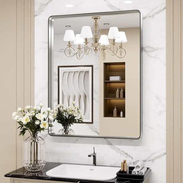 Main image of LOAAO 30X36 Inch Brushed Nickel Bathroom Mirror, Rounded Rectangle Silver Metal Frame Mirror, Brushed Nickel, Anti-Rust, Shatter Proof, Hangs Horizontally or Vertically