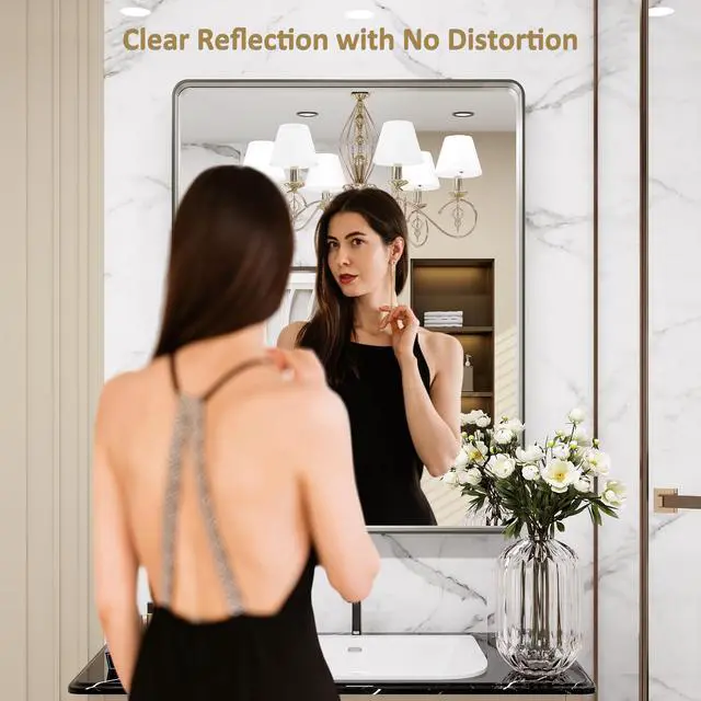 Alt view image 2 of 7 - LOAAO 30X36 Inch Brushed Nickel Bathroom Mirror, Rounded Rectangle Silver Metal Frame Mirror, Brushed Nickel, Anti-Rust, Shatter Proof, Hangs Horizontally or Vertically