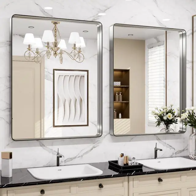 Alt view image 4 of 7 - LOAAO 30X36 Inch Brushed Nickel Bathroom Mirror, Rounded Rectangle Silver Metal Frame Mirror, Brushed Nickel, Anti-Rust, Shatter Proof, Hangs Horizontally or Vertically