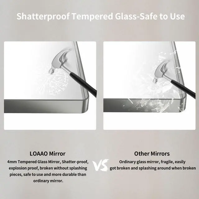 Alt view image 7 of 7 - LOAAO 30X36 Inch Brushed Nickel Bathroom Mirror, Rounded Rectangle Silver Metal Frame Mirror, Brushed Nickel, Anti-Rust, Shatter Proof, Hangs Horizontally or Vertically