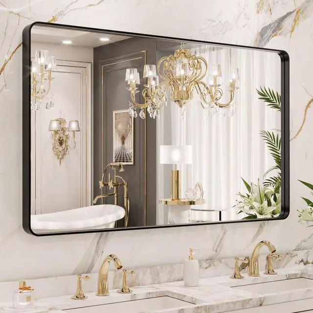 Main image of LOAAO 40X36 Inch Black Metal Framed Bathroom Mirror for Wall, Matte Black Bathroom Vanity Mirror Farmhouse, Anti-Rust, Tempered Glass, Hangs Horizontally or Vertically