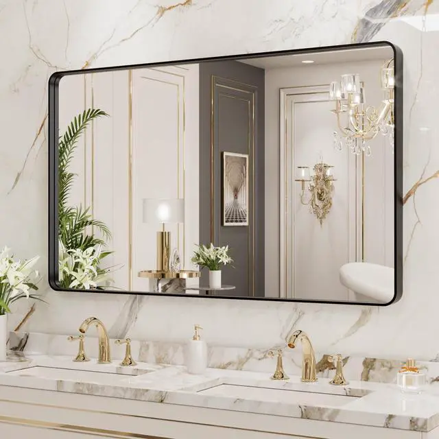 Alt view image 4 of 7 - LOAAO 40X36 Inch Black Metal Framed Bathroom Mirror for Wall, Matte Black Bathroom Vanity Mirror Farmhouse, Anti-Rust, Tempered Glass, Hangs Horizontally or Vertically