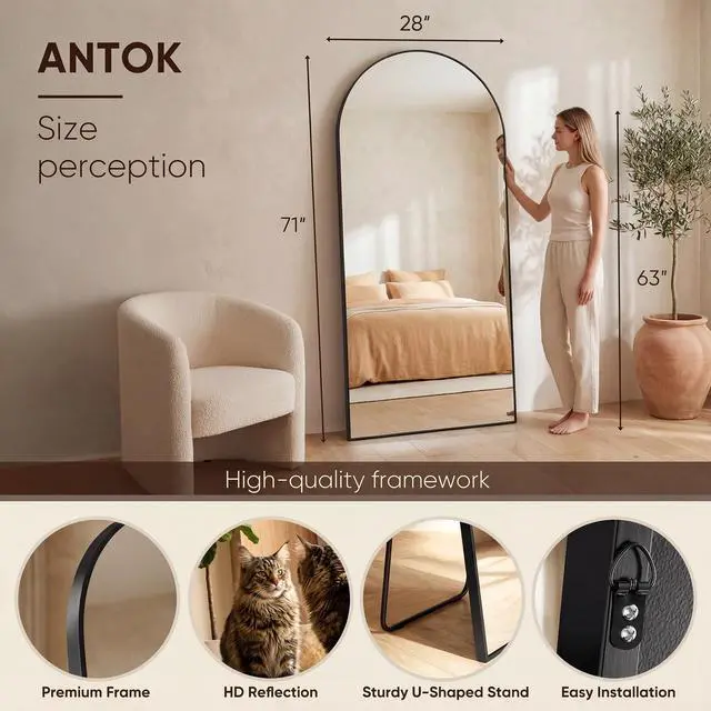 Alt view image 3 of 7 - Antok 71" x28 Arched Full Length Floor Mirror, Black Aluminum Frame, Free Standing/Wall Mount/Leaning for Bedroom, Living Room, Dressing Room