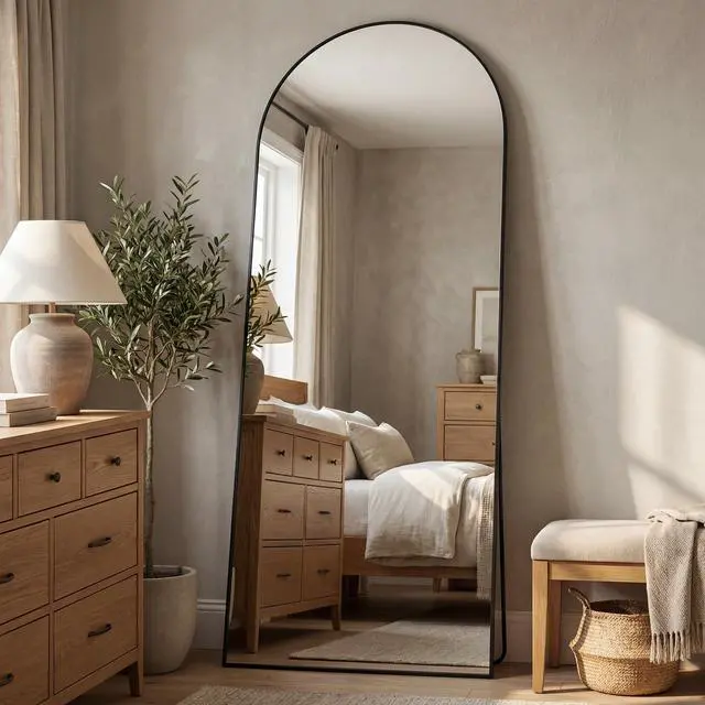 Alt view image 2 of 7 - Antok 71" x28 Arched Full Length Floor Mirror, Black Aluminum Frame, Free Standing/Wall Mount/Leaning for Bedroom, Living Room, Dressing Room