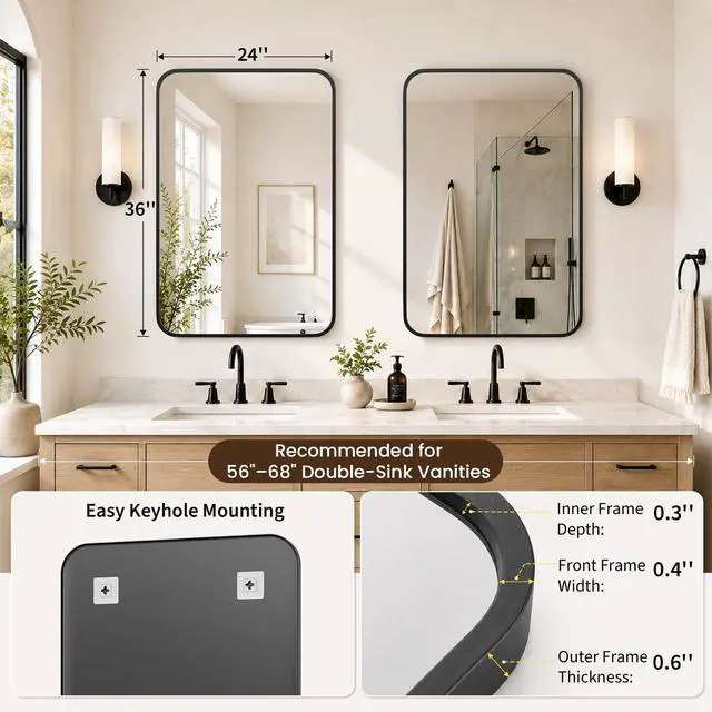 Alt view image 5 of 7 - Pocetry 2-Pack 24x36 Inch Matte Black Rounded Rectangle Vanity Mirrors