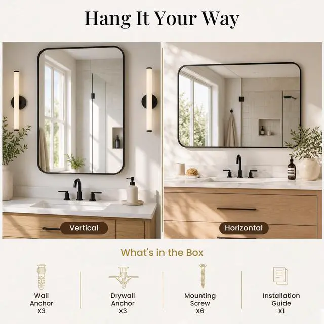 Alt view image 6 of 7 - Pocetry 2-Pack 24x36 Inch Matte Black Rounded Rectangle Vanity Mirrors