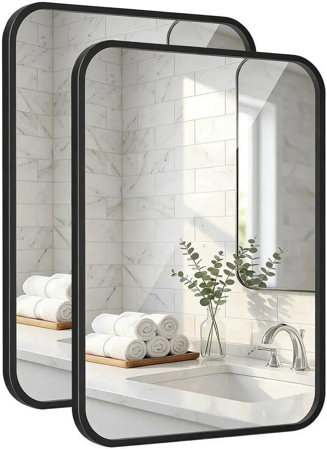 Main image of Pocetry 2-Pack 24x36 Inch Matte Black Rounded Rectangle Vanity Mirrors