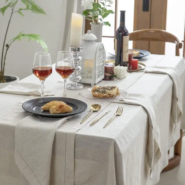 Alt view image 3 of 7 - EVERLY Pure Linen Hemstitch Tablecloth,100% Stonewashed French Linen tablecloths for Kitchen Dining Rectangle Tables,60x120Inch Machine Washable Christmas Thanksgiving Organic Tablecloth-Natural Linen