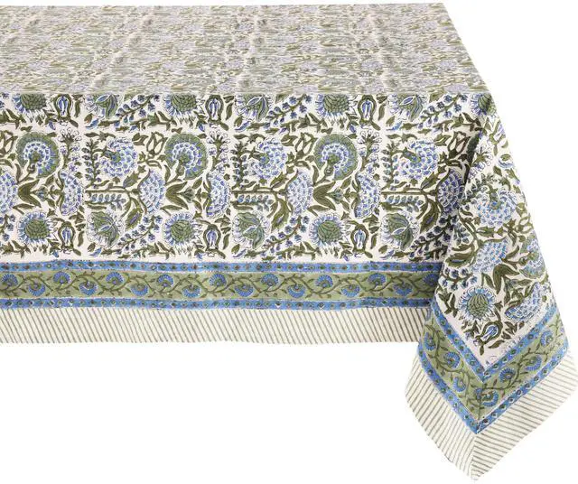 Main image of ATOSII Clover Blue 100% Cotton Rectangle Spring Tablecloth, Handblock Floral Linen Table Cloth for Kitchen Dining Table I Parties Weddings Outdoors Easter Home Decor 72 X 120 Inches I 10 Seater