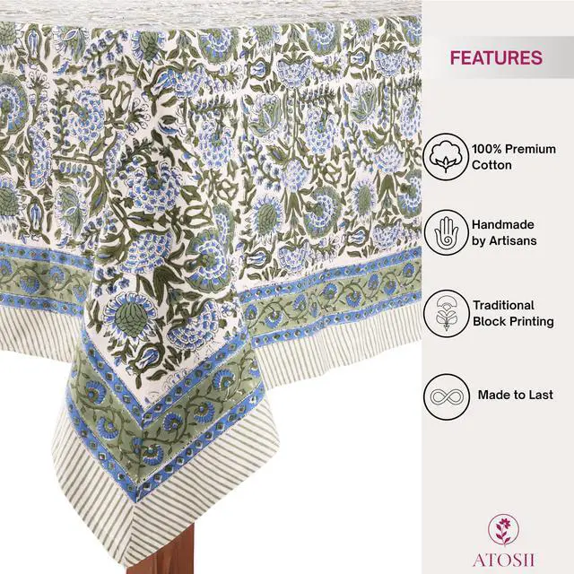 Alt view image 2 of 7 - ATOSII Clover Blue 100% Cotton Rectangle Spring Tablecloth, Handblock Floral Linen Table Cloth for Kitchen Dining Table I Parties Weddings Outdoors Easter Home Decor 72 X 120 Inches I 10 Seater