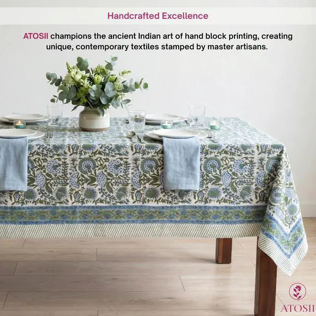 Alt view image 3 of 7 - ATOSII Clover Blue 100% Cotton Rectangle Spring Tablecloth, Handblock Floral Linen Table Cloth for Kitchen Dining Table I Parties Weddings Outdoors Easter Home Decor 72 X 120 Inches I 10 Seater