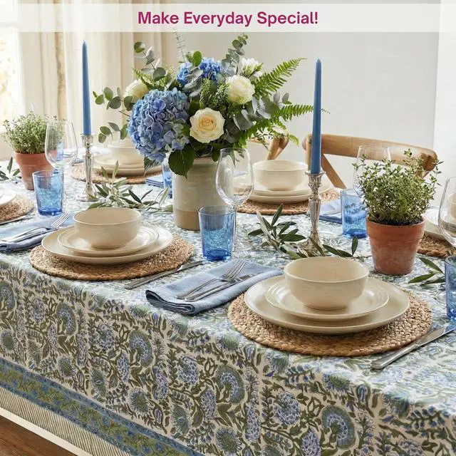 Alt view image 5 of 7 - ATOSII Clover Blue 100% Cotton Rectangle Spring Tablecloth, Handblock Floral Linen Table Cloth for Kitchen Dining Table I Parties Weddings Outdoors Easter Home Decor 72 X 120 Inches I 10 Seater