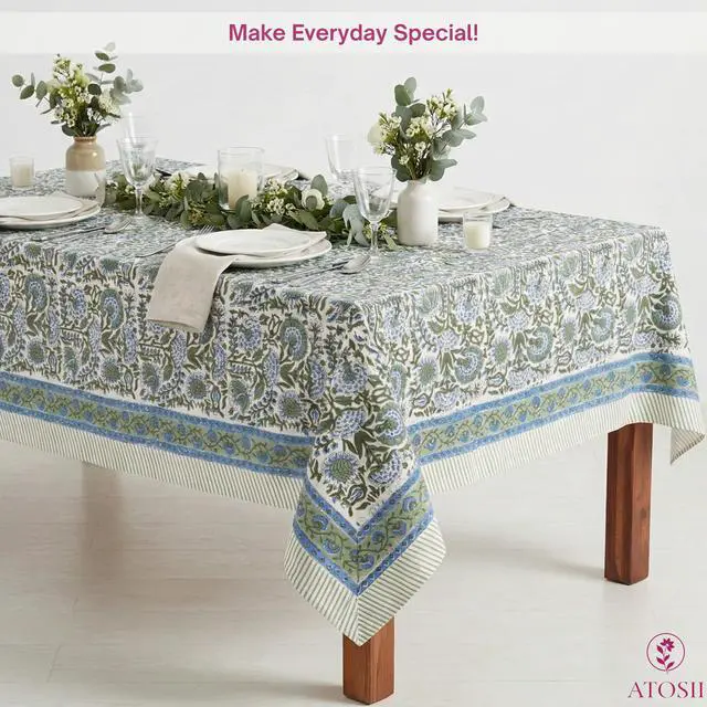 Alt view image 4 of 7 - ATOSII Clover Blue 100% Cotton Rectangle Spring Tablecloth, Handblock Floral Linen Table Cloth for Kitchen Dining Table I Parties Weddings Outdoors Easter Home Decor 72 X 120 Inches I 10 Seater