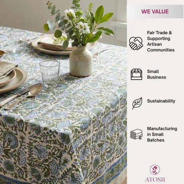 Alt view image 6 of 7 - ATOSII Clover Blue 100% Cotton Rectangle Spring Tablecloth, Handblock Floral Linen Table Cloth for Kitchen Dining Table I Parties Weddings Outdoors Easter Home Decor 72 X 120 Inches I 10 Seater