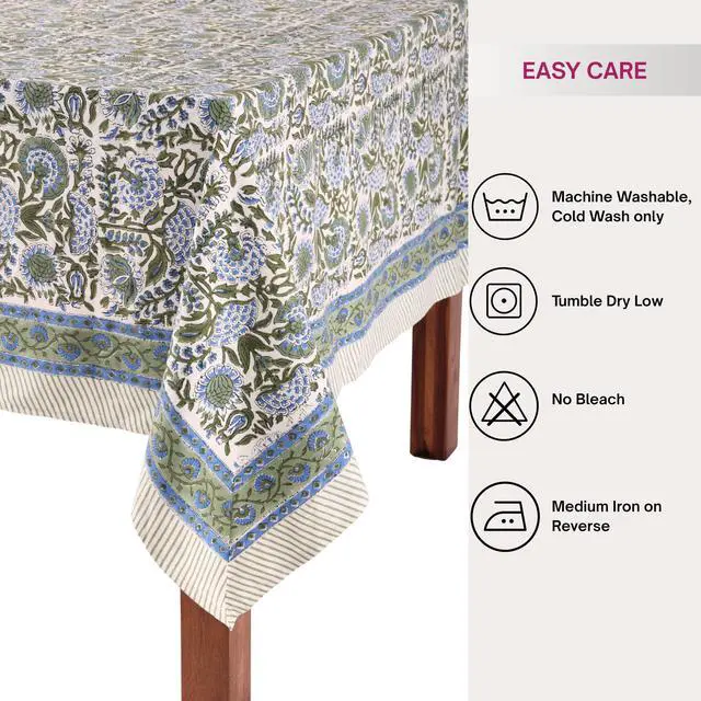Alt view image 7 of 7 - ATOSII Clover Blue 100% Cotton Rectangle Spring Tablecloth, Handblock Floral Linen Table Cloth for Kitchen Dining Table I Parties Weddings Outdoors Easter Home Decor 72 X 120 Inches I 10 Seater