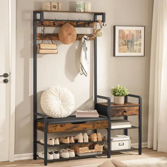 Main image of HOOBRO Hall Tree with Bench, Shoe and Coat Rack for Entryway, Coat Rack with Bench, Flip Top Storage Box, PU Cushioned Seat, Non-Woven Fabric Drawer, for Entrance, Rustic Brown and Black BF110MT01
