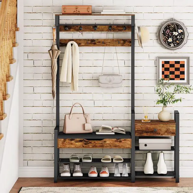 Alt view image 2 of 7 - HOOBRO Hall Tree with Bench, Shoe and Coat Rack for Entryway, Coat Rack with Bench, Flip Top Storage Box, PU Cushioned Seat, Non-Woven Fabric Drawer, for Entrance, Rustic Brown and Black BF110MT01